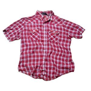 70s Vintage Townsley Woven Gingham Red Short sleeve pearl snap button down Large